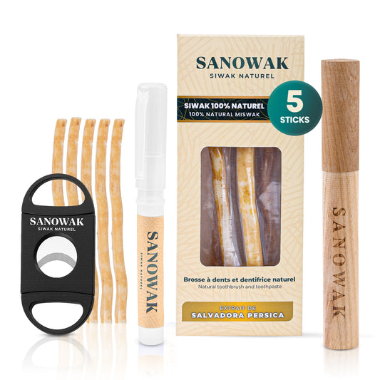 Kit SIwak Naturel Sanowak | 5 Siwaks Bio + 1 Étui Bambou + 1 Plastique + 1 Coupe-Miswak